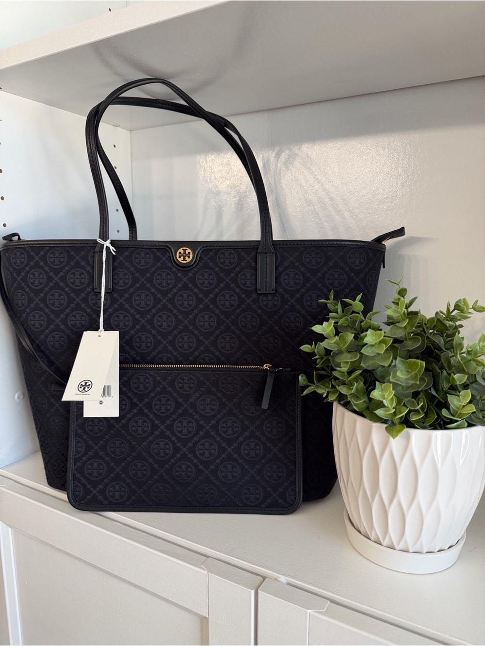 Tory Burch Black T Monogram Logo-Embossed Large Tote with Zip Pouch